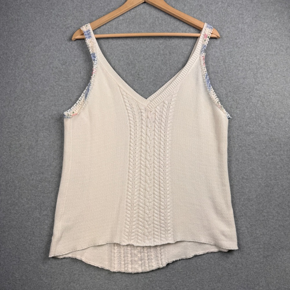 POL Sweater Tank Top Womens Large Cream Floral Cable Knit Lace Trim Cottagecore - Picture 2 of 8